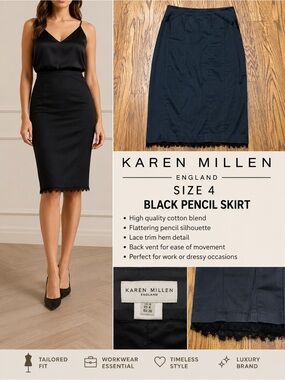 Karen Millen England Black Pencil Skirt Lace Hem Size 4 EU 36 Career Office